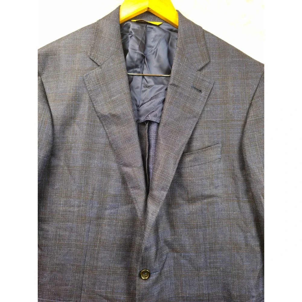 Canali Kei Blazer 56L/46L Navy Blue Plaid Wool Silk Linen Jacket Sport Coat
